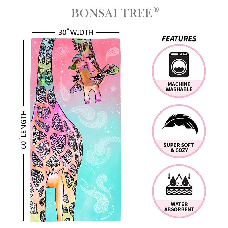 Bonsai Tree Giraffe Beach Towel, Cute Funny Teal Pink Mandala Giraffe Microfiber Bath Towel Gifts for Kids Women, Colorful Abstract Trippy Sand Free Quick Dry Travel Towels for Yoga Sports 30" x 60" - Image 2